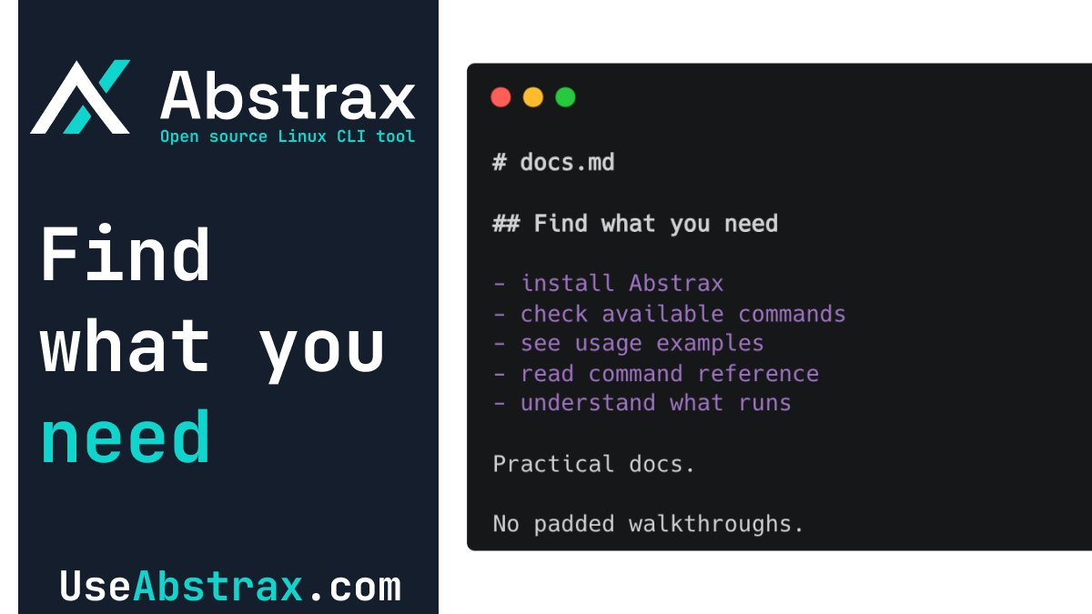 mikebarlow's tweet photo. The Abstrax docs are live.

Install guide, command reference, and usage notes.

Docs should be boring, practical, and clear.

https://t.co/f8JCjYsAGX https://t.co/B5cTqz6h8h