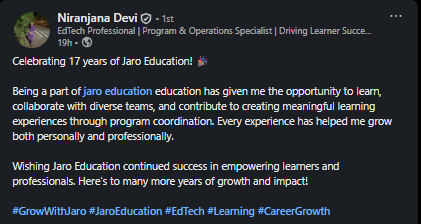 jaroeducation's tweet photo. For 17 years, Jaro Education's story has been written by its people.
This Foundation Day, we're shining a light on the experiences and moments shared by the team that's helped shape our journey.

#JaroEducation #FoundationDay #GrowWithJaro #Celebration #17YearsofJaroEducation https://t.co/V127KnrlPy