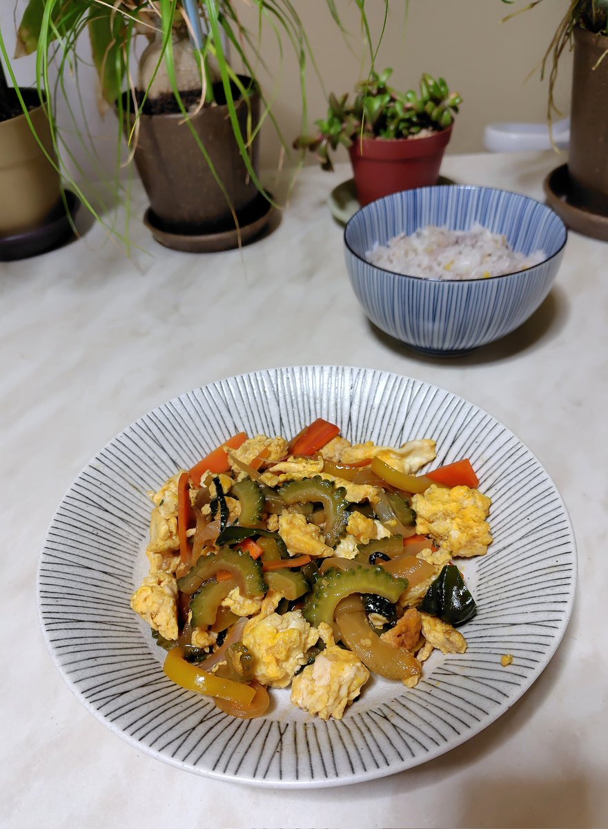 kgonn02's tweet photo. 今夜もHappy Cooking！
今日は、野菜と玉子のオイスターソース炒めを作りました😃
玉子の他にゴーヤー、玉ねぎ、ニンジン、ピーマン、パプリカ、大葉が入ってます。
味付けはオイスターソースのみ。
いただきます！ https://t.co/GnTFdlCkxo