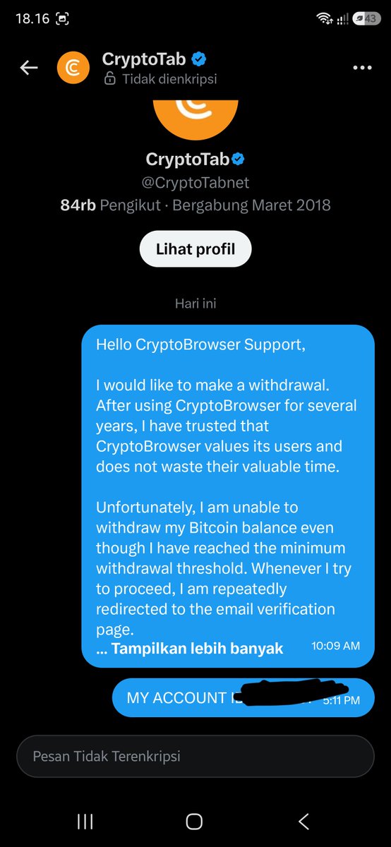 AdiGunawanXD's tweet photo. @CryptoTabnet I contacted you through this X message 8 hours ago, and I sent my account ID 1 hour ago. https://t.co/qaD8bXZv6y