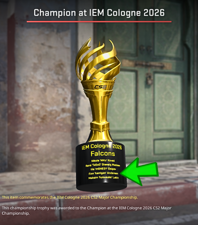 Ozzny_CS2's tweet photo. karrigan got the Cologne Champion Major trophy in-game instead of kyxsan ‼️

> If Valve were to do it like they did in previous Majors, kyxsan would have gotten the trophy
> kyxsan is still receiving the sticker money &amp; got a 'Champion' sticker as well https://t.co/8CM1KZ8bY3