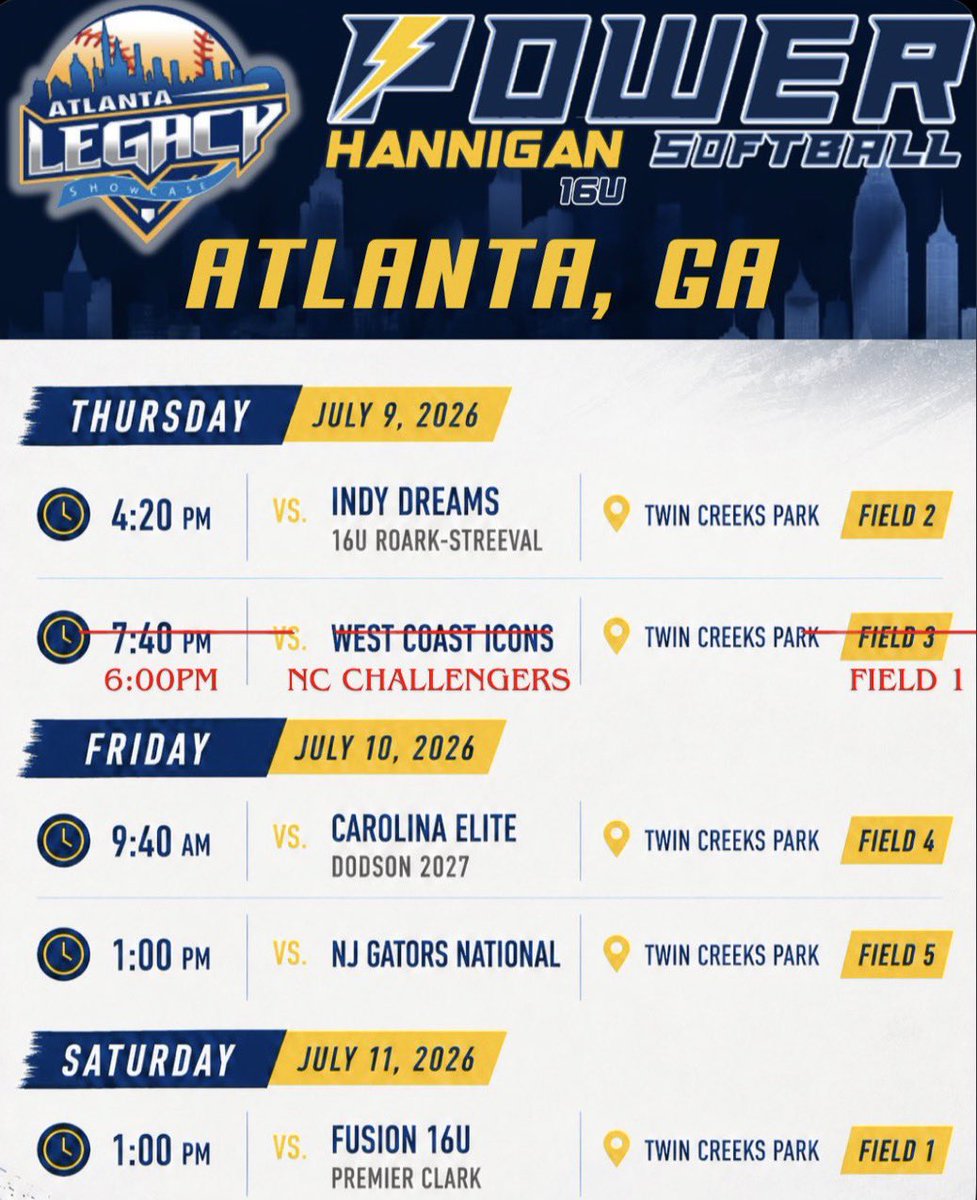 Dsanchez2029's tweet photo. 🚨‼️UPDATED SCHEDULE FOR ATLANTA LEGACY‼️🚨@PowerSBHannigan @PrepSoftball @PowerSoftballFL @Eileen1104Hanni @DiamondAddicts @SoftbalAmerica @gatorjack72 @CoastRecruits @CoastRecruitsSB @D1Softball @LineDsoftball @legacyshowcase1 @ExtraInningSB @SoftballDown @IHartFastpitch https://t.co/LcrbEp9xj9