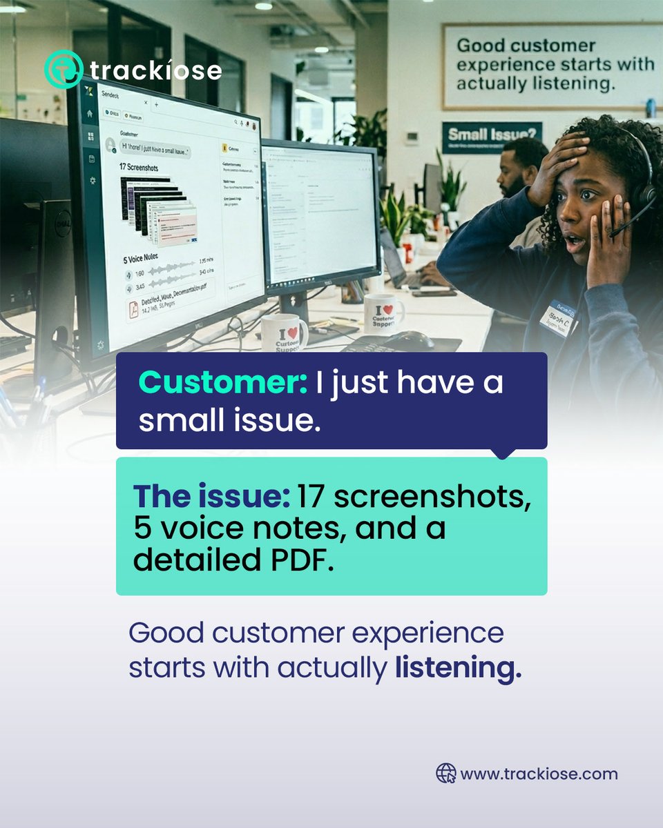 trackiose's tweet photo. Small issue? Sure… until it arrives with attachments like it’s submitting a final year project. 😭

Listen with Trackiose. Get started on https://t.co/QDsw7C9FOY

#CustomerExperience #Trackiose #CXMatters https://t.co/flGzn5u0vR