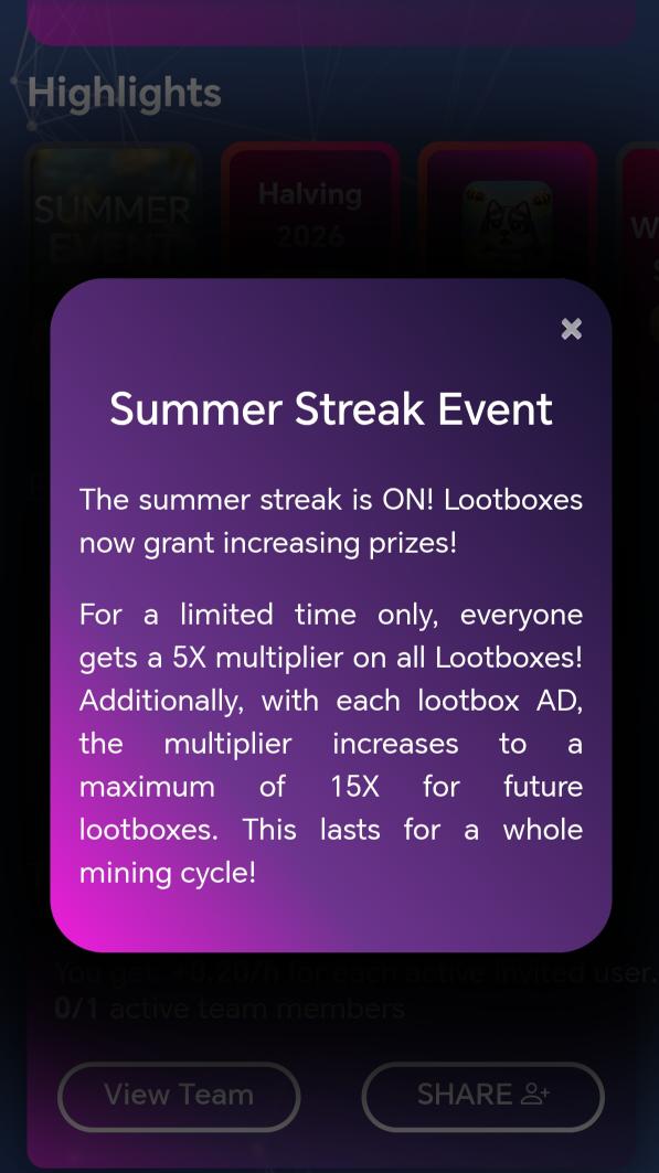 Vince9033's tweet photo. #AlphaNetwork just turned the heat up!
The Summer Streak Event is now LIVE with up to 15ร Lootbox rewards! ๐
Is this a sign that #AlphaListing is getting closer? ๐
What do you think?
Bullish or just another event?
Want to start mining?
๐ Invitation Code: vincele https://t.co/R6qDxI8gT1