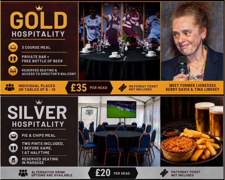 OfficialClarets's tweet photo. Enhance your pre-season matchday experience with one of our two hospitality packages, available for all home fixtures this summer 🥂

As part of our special Double Header Matchday on 18th July, you'll also have the opportunity to meet former Lionesses Kerry Davis and Tina Lindsey 🤝⚽

📩Email: jackie.kirrage@chelmsfordcityfc.com