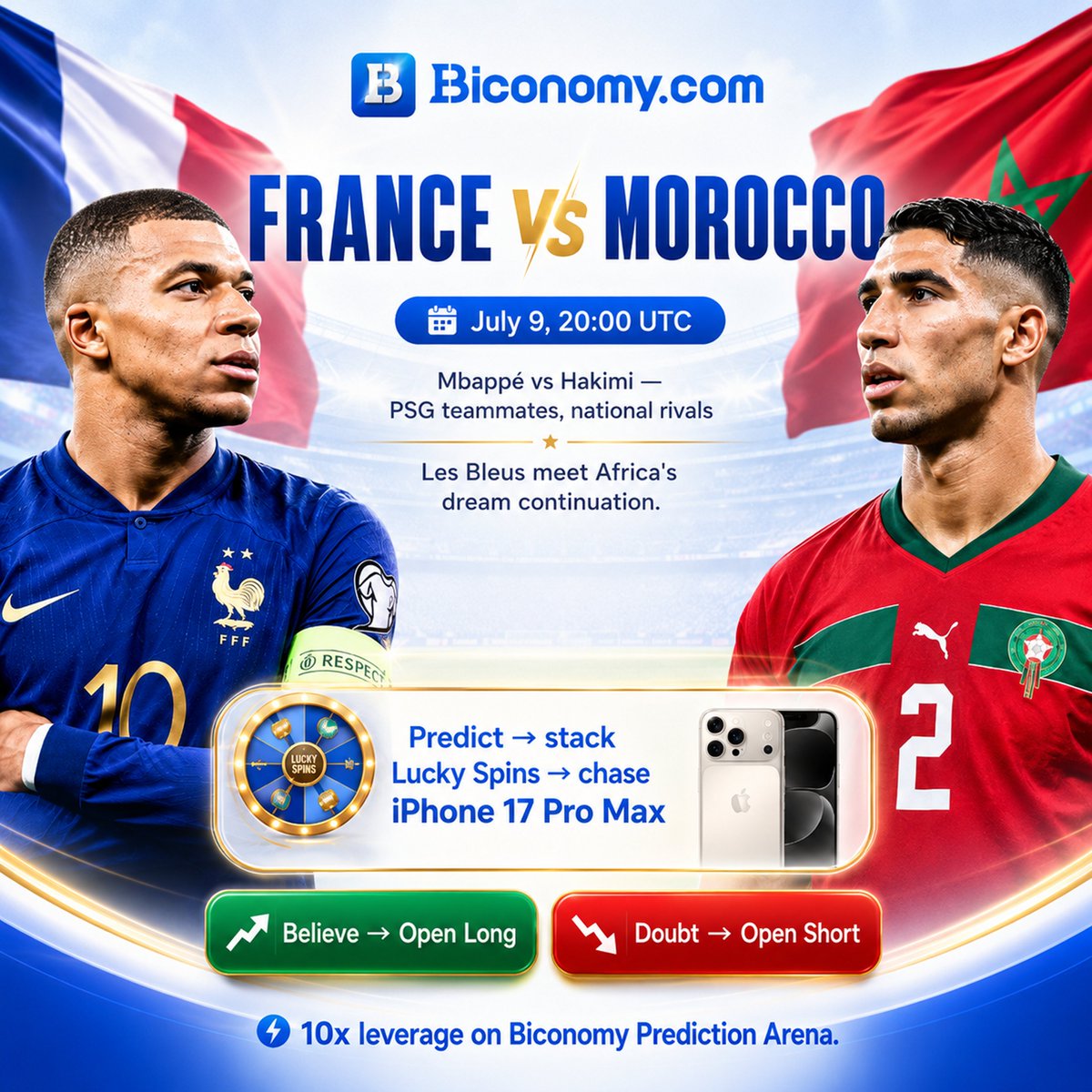 BiconomyCom's tweet photo. 🇫🇷 France vs Morocco 🇲🇦 — July 9, 20:00 UTC

⚔️ Mbappé vs Hakimi — PSG teammates, national rivals
Les Bleus meet Africa's dream continuation.

Predict → stack Lucky Spins → chase iPhone 17 Pro Max 📱

Believe → Open Long / Doubt → Open Short
10x leverage on Biconomy Prediction Arena.

👉 https://t.co/OOwr4imsPH

#BiconomyCom #WorldCup2026 #FRA #MAR