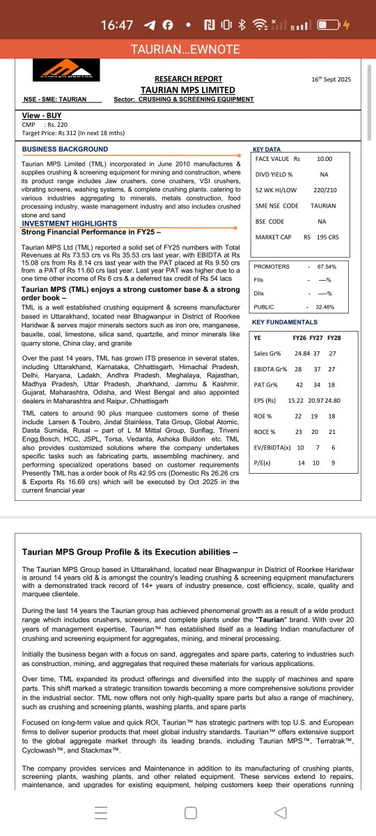 AvinashGoraksha's tweet photo. We were the first to suggest Taurianmps in sept 2025 at Rs 220 because we like the business model and the promoter mindset and upscaling business oppo ahead 
Despite the stock crossing our earlier tp of Rs 313 now mkt price Rs 350 we continue to remain positive and believe the best is yet to come ahead 
In conclusion I can only say this is the power of fundamentals which no one can ignore