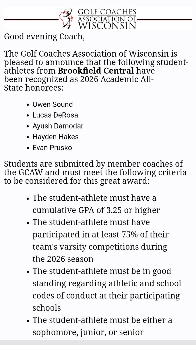 BCLancerGolf's tweet photo. Congratulations to our entire varsity line-up for making GCAW Academic All-State!!! Golf has many challenges that we need to manage and missing school in one of them. This award is a team effort: the student athletes, the amazing @BCHS_SDE staff & administrators! @BCHSAAD #BCGolf https://t.co/kAqXB2oCTK