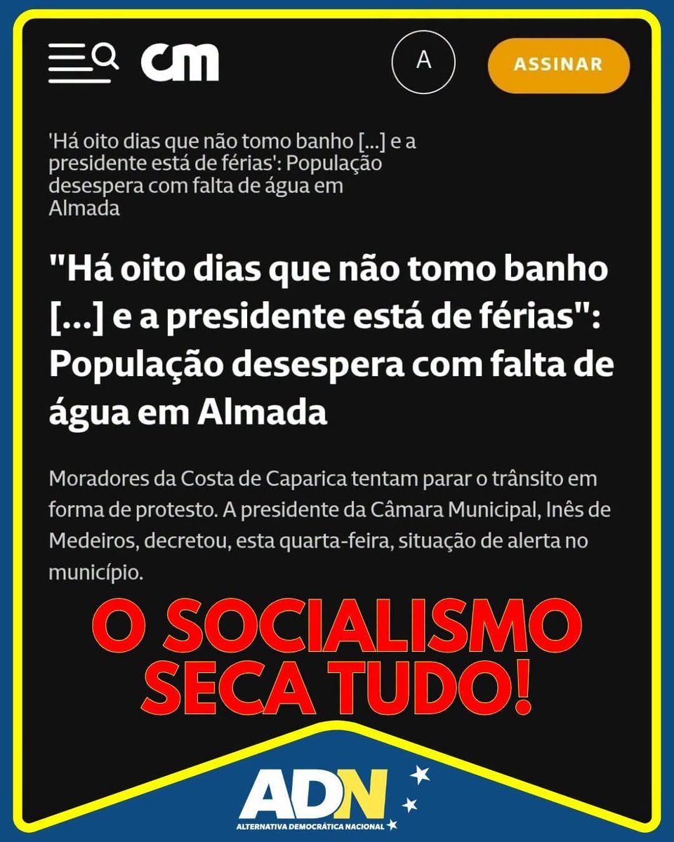 ADN_Portugal's tweet photo. ALMADA EM ALERTA... POR FALTA DE ÁGUA.
Em pleno 2026, há famílias em Almada sem água nas torneiras, protestos nas ruas e a própria Câmara Municipal foi obrigada a declarar situação de alerta. Foram ainda impostas restrições ao consumo e cortes programados no abastecimento.

Esta é a realidade de um concelho governado pelo Partido Socialista há anos.

Enquanto o PS gosta de falar de grandes projectos, de agendas e de propaganda, o essencial fica para trás. A população não pede luxo. Pede o mínimo: abrir a torneira e ter água.

Governar é garantir serviços públicos básicos. Quando nem isso é assegurado, as desculpas deixam de chegar.

O socialismo promete muito. Mas, em Almada, nem água consegue garantir.

50 décadas de socialismo seca tudo à nossa volta.

#ADN #VERDADN #SomosAlternativa