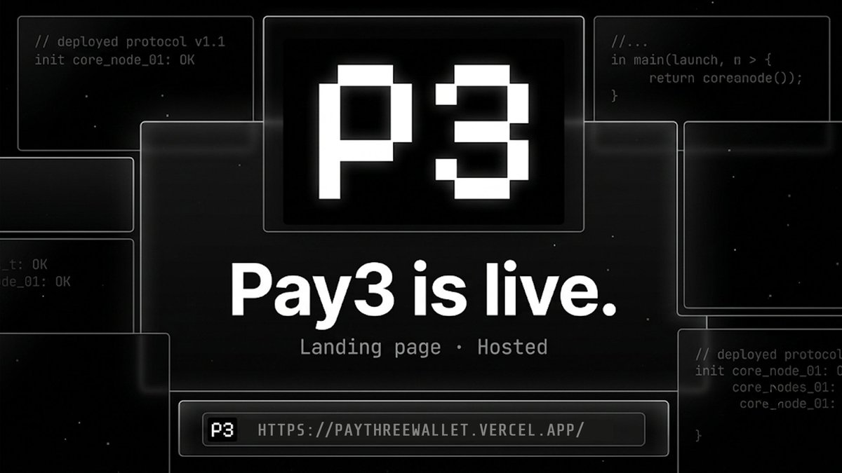 PAYThreeWallet's tweet photo. We just shipped and hosted the Pay3 landing page.  It’s live here:https://t.co/QY0lL2nMYI
This is our first public surface, not the full product yet, but the clearest explanation of what we’re building on Stellar.  
More below ↓ https://t.co/FDgnc0qKwl