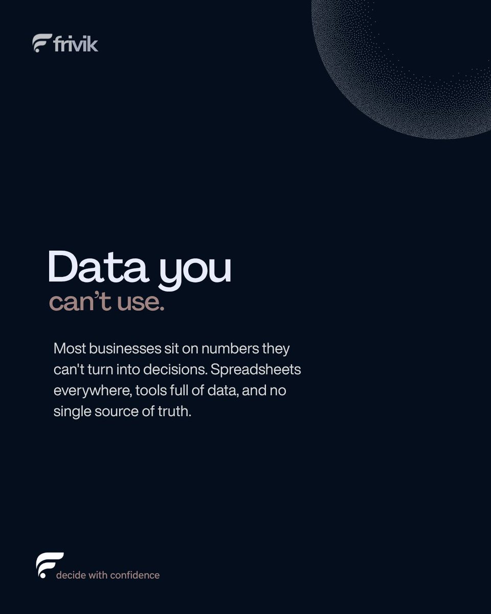 frivikhq's tweet photo. Most businesses don't have a data problem.
They have a trust problem.

They're drowning in data, sitting on numbers they can't use, making decisions on guesswork instead of truth. https://t.co/PYjdFiVh2J