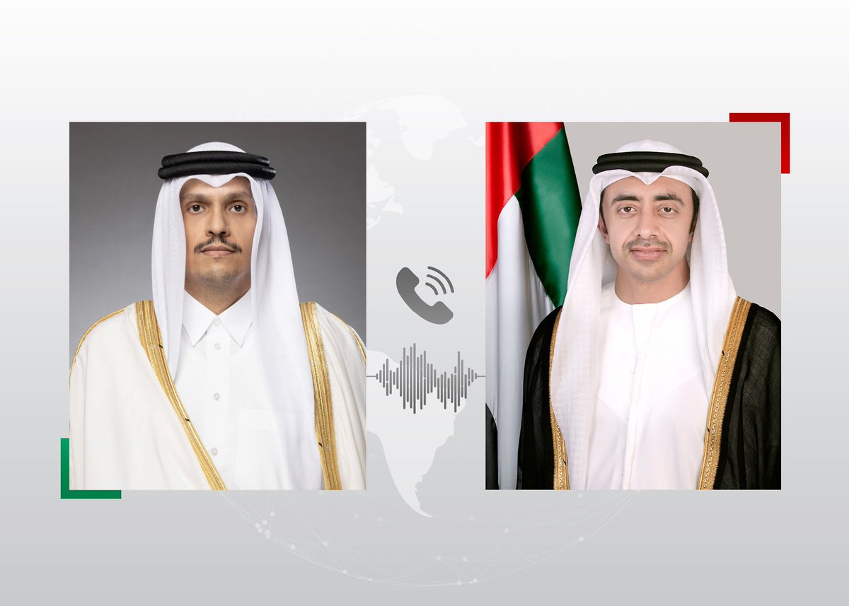 OFMUAE's tweet photo. عبدالله بن زايد يجري اتصالاً هاتفياً مع معالي الشيخ محمد بن عبد الرحمن بن جاسم آل ثاني، رئيس مجلس الوزراء وزير خارجية دولة قطر الشقيقة، أدانا خلاله بشدة استهداف الناقلة القطرية "الركيات" أثناء عبورها قرب مضيق هرمز، واستمرار الهجمات الإيرانية العدوانية التي تستهدف السفن التجارية في المضيق، بما يمثل تهديداً جسيماً لسلامة وأمن الملاحة الدولية، وتقويضاً لأمن واستقرار أحد أهم الممرات المائية الحيوية في العالم.
