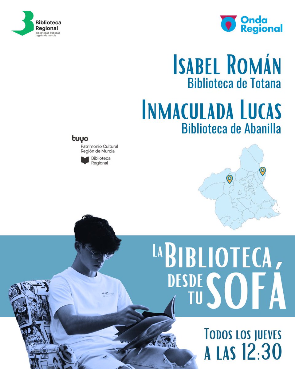brmu's tweet photo. Nuevas recomendaciones desde las bibliotecas de la #RegióndeMurcia con #LaBibliotecaDesdeTuSofá de @ORMurcia

#Totana - Isabel Román https://t.co/m76Ilbd2HL 

#Abanilla - Inmaculada Lucas https://t.co/0nQAb9ZGCl

Cada jueves a las 12:30 en directo en @MiradorORM de Onda Regional de Murcia, nuevas recomendaciones desde las bibliotecas de la Región de Murcia

 #Podcasts disponibles en la web de @ORMurcia @BRMU, apartado Conócenos > Recomendaciones