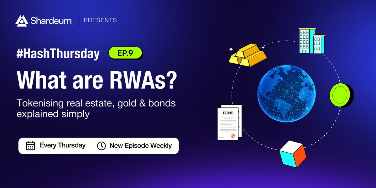 shardeum's tweet photo. π #HashThursday Ep 9: What are RWAs?
Imagine owning a slice of a Dubai skyscraper, a bar of gold, or a US government bond all from your phone, for as little as $10.
That's what Real World Assets onchain make possible.
RWA = Real World Asset.
Let's break it down from scratch π§΅π
