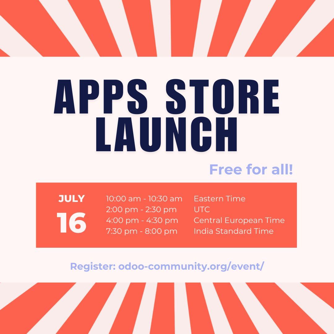 OdooCommunity's tweet photo. The OCA has a new Apps Store!
Next week, be the first to discover the new #OCA Apps Store in this online event free for all with Julie LeBrun.
📅 July 16, 2026 at 14h00 UTC
🎟️ Registration: https://t.co/ALKT6Tbfnf
#OdooCommunity #Apps #AppsStore https://t.co/uLU8SCNfXU