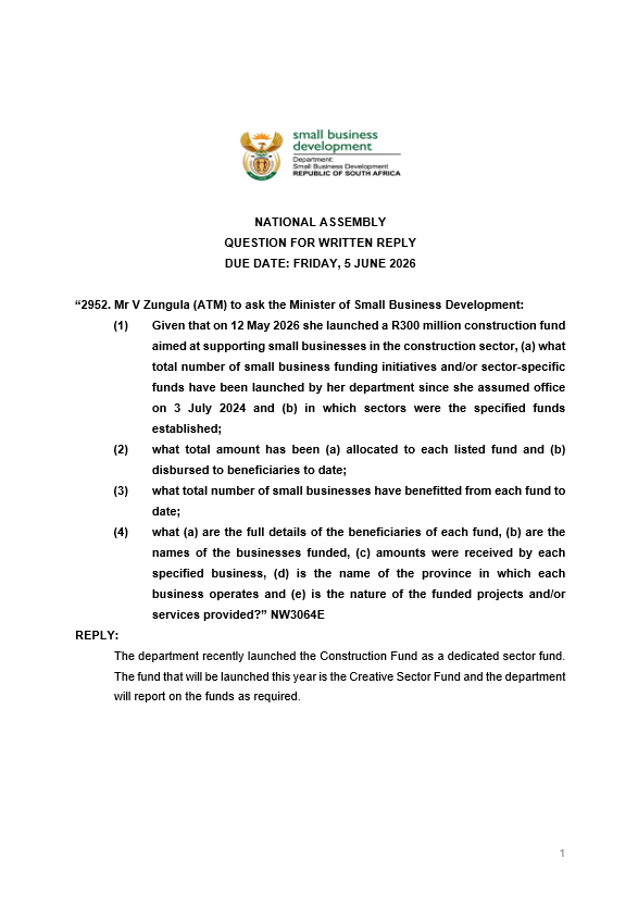 ATMovement_SA's tweet photo. R300 million launched. Accountability missing.

Hon. Vuyo Zungula asked Minister @Stellarated  a straightforward question: Who has received funding, how much has been allocated, and which businesses have benefited?

Instead of transparency, South Africans got a two-paragraph reply that answered almost nothing. No figures. No beneficiaries. No allocations. No provincial breakdown. Just another promise that "the department will report."

If public money is being spent, the public deserves to know where it went, who received it, and what value it delivered. Asizuk'yeka Minister!!!

#ATMInParliament