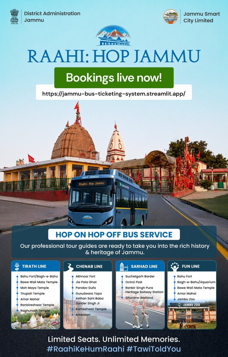 dmjammuofficial's tweet photo. 🚍 RAAHI: Hop Jammu is LIVE! 🎉

One pass. Unlimited hops. All day. ₹200–250 per ticket only! 🎟️

🛕 Temples & heritage
🦁 Jambu Zoo with the kids
🧺 Chenab riverside picnics
🎖️ Suchetgarh Retreat Ceremony

4 routes. Endless memories. 🚍💨

Grab your people, pack a tiffin, and hop aboard! First trips July 11 🗓️

👉 Book now:
https://t.co/IpiYgA5vre

This is OUR Jammu — let’s go see it!❤️

#RAAHI #HopJammu #TawiToldYou
#RaahiKeHumraahi

Forward to family & friends! 📲