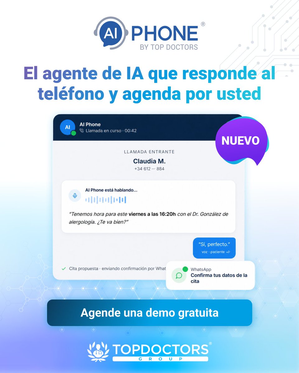 TopDoctors_es's tweet photo. 🚀 Top Doctors presenta AI Phone: el agente de IA que responde llamadas y agenda citas automáticamente.
✅ Respuesta 24/7
✅ Reduce la carga administrativa
✅ Mejora la experiencia del paciente
🔹 Demo gratuita: https://t.co/kPCRNx0ouy
#TopDoctors #AIPhone #InteligenciaArtificial https://t.co/PmTWjqunPb