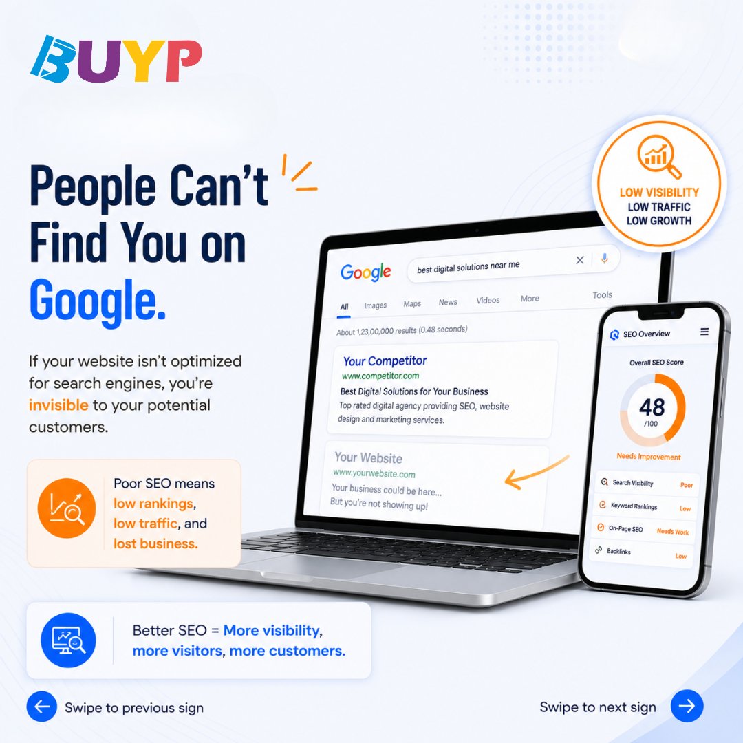 BuypTech's tweet photo. *Is your website silently losing you customers? 👀*
A slow, outdated website can hurt your business more than you think.
Here are *5 signs* to watch for:
⚡ Slow loading speed
📱 Poor mobile experience
📞 Hard-to-find contact details
🔍 Weak S
#WebDesign #SEO #LeadGeneration https://t.co/xssq70zGVi
