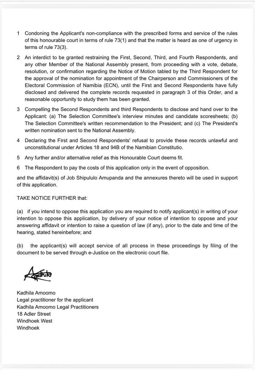 Shipululo's tweet photo. People of Namibia 🇳🇦
We are COMMITTED to Fight for you INSIDE the National Assembly and Outside the National Assembly. Our Urgent Application will be heard in the High Court today at 15h15 represented by Kadhila Amoomo Legal Practitioners. They are STILL HIDING and REFUSING to give us the RECORDS relating to Interview Minutes, Scoresheets and other records including the Selection Committee recommendations to the President. Yesterday, just after Giving us the letter from the President, which we saw for the First Time, SWAPO called for the Vote. The Vote However FAILED because they did not meet the Voting Quorum. We are in Court to PROTECT the Constitution. We are not Zombies and we will Scrutinize EVERYTHING!