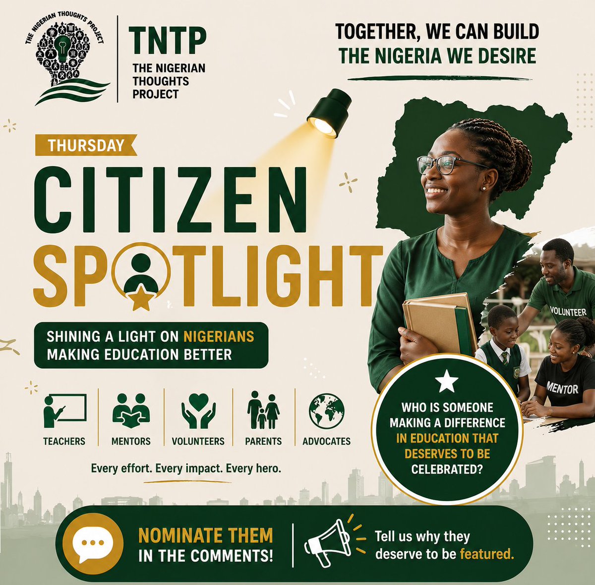 Official_TNTP's tweet photo. Happy Thursday Nigeria 🤗💚🤍💚

It's our CITIZEN SPOTLIGHT Thursday 

Every day, ordinary Nigerians are doing extraordinary things for education.

✓ Some teachers go the extra mile to help struggling students.
✓ Some parents make great sacrifices to keep their children in school.
✓ Some individuals donate books, pay school fees, mentor young people, or volunteer their time to improve education in their communities.

These are the unsung heroes helping to build a better Nigeria; one child at a time.

Who is someone making a difference in education that deserves to be celebrated?

It could be:
✓ 👩🏽‍🏫 A dedicated teacher
✓ 📚 A mentor
✓ ❤️ A volunteer
✓ 👨🏽‍👩🏽‍👧🏽 A supportive parent
✓ 🌍 An individual or organization promoting education

👇 Nominate them in the comments and tell us why they deserve to be featured.

#CitizenSpotlight #EducationWeek #TNTP #BridgingTheGap