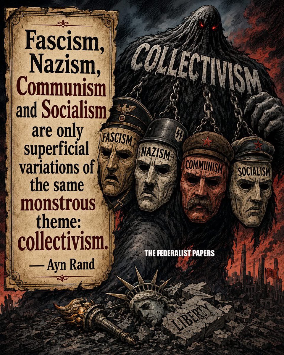 ToniLL22's tweet photo. “Fascism, Nazism, Communism, and Socialism are only superficial variations of the same Monstrous theme: Collectivism.” -Ayn Rand
🔥🔥🔥🎯🔥🔥🔥

Ayn Rand was right when she wrote these words, and she is still right now.

“Fascism, Nazism, Communism and Socialism are only superficial variations of the same monstrous theme: collectivism.”

That is the part too many people refuse to understand.

These systems may use different slogans. They may wave different flags. They may promise different futures. One may speak in the language of nationalism, another in the language of equality, another in the language of compassion, another in the language of revolution.

But underneath the branding, the heart of the thing is the same.

The individual is pushed aside. The family is weakened. Faith is mocked or controlled.

Property becomes conditional. Speech becomes dangerous.

And the State becomes the final authority over your life.

That is collectivism.

It always starts with beautiful promises. Free this, fair that, justice for all, power to the people. But somehow, every time, the people end up with less power and the rulers end up with more.

Why anyone would want this in America is beyond my understanding.

The only explanation that makes sense is that generations have been trained not to recognize the pattern. They were taught to hate capitalism, distrust liberty, and look to government as the answer to every problem. That did not happen by accident.

A free people cannot stay free if they forget what freedom is.

That is why this warning matters.

Rand was not saying these systems are identical in every historical detail. She was saying they all lead back to the same ugly principle, the group over the person, the State over the citizen, the collective over the individual soul.

Different heads.

Same beast.

And once that beast gets inside a nation, it does not leave quietly.