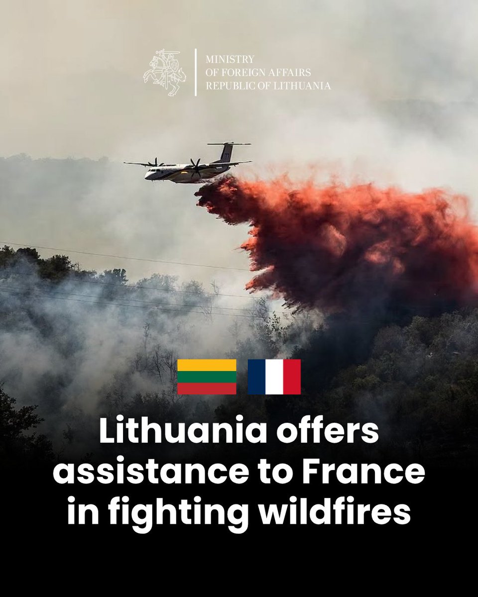 LithuaniaMFA's tweet photo. A friend in need is a friend indeed.

A Lithuanian team of firefighters and rescue personnel is ready to support #France's wildfire response efforts. We stand in solidarity with France and all those affected by these devastating wildfires. https://t.co/OT3gEizywB