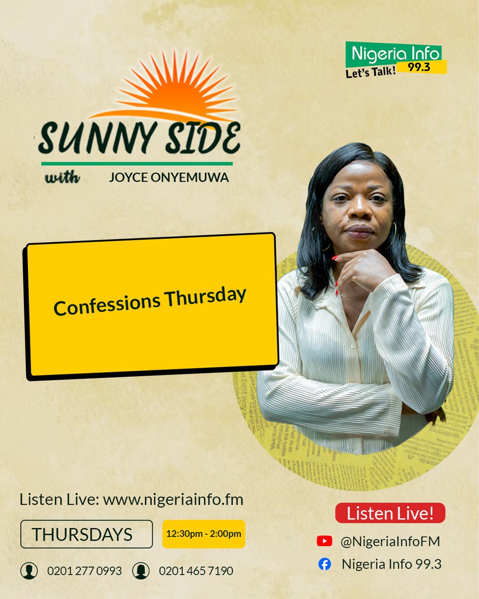 NigeriainfoFM's tweet photo. All the weird, shocking, crazy and inspiring stories that have never-been-told are told here on #ConfessionsThursday.
@JoyceOnyemuwa is live now and taking all of the stories and reactions now on the #SunnySide.
Got a confession? Call now! #LetsTalk
#NigeriaInfoSS https://t.co/GAv8qbCqv7