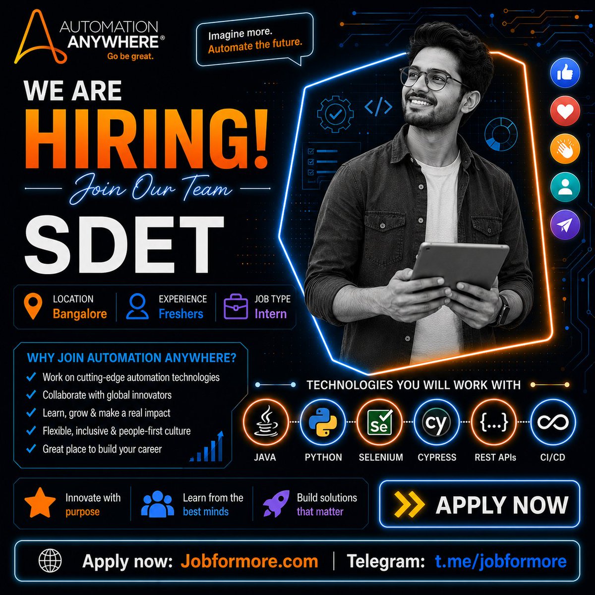 jobformore's tweet photo. 🚀 SDET @ Automation Anywhere
📍 Bangalore | Freshers
🎓 CS / SE / AI-ML
💻 Java, Python, Selenium, Cypress, REST APIs, CI/CD

#Jobformore #AutomationAnywhere #SDET #BangaloreJobs #FreshersJobs

Apply: https://t.co/lQUSR7Q2x6 https://t.co/wTkoNcIfnE