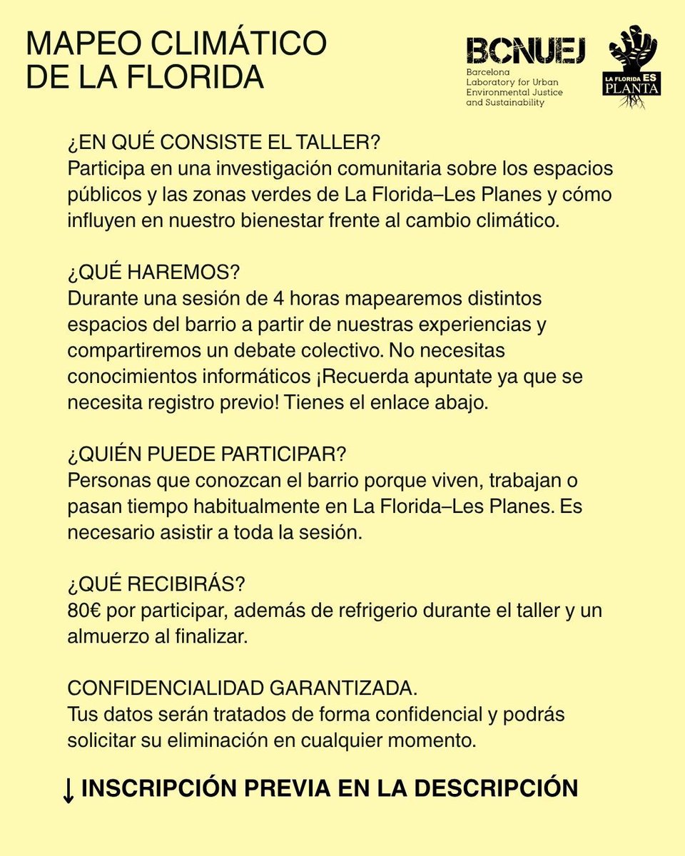 bcnuej's tweet photo. ☀️¡Participa en un mapeo climático del barrio de #LaFlorida!  💸Se compensará con 80€ así como un almuerzo en La Marmita al finalizar la actividad ☝🏽Personas que viven, trabajan o pasan tiempo en La Florida #LesPlanes #cambioclimatico #onadadecalor https://t.co/fQHWGBHJZu https://t.co/FDc2CkzQqR
