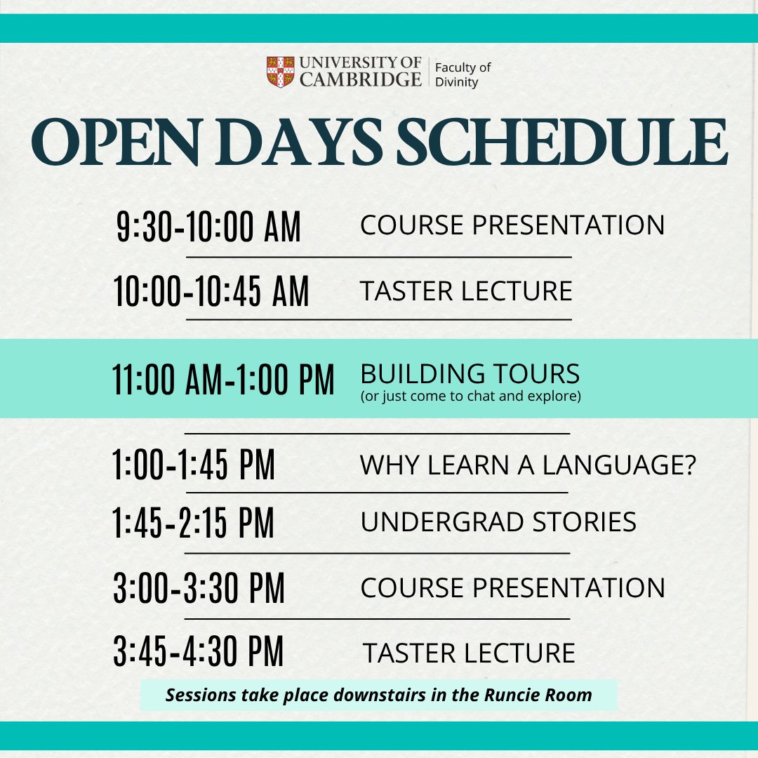 CamDivinity's tweet photo. Please take note...this is a new corrected schedule for the Open Days.

The two sessions (Course Presentation and Taster Lecture) at the end of the day start 15 minutes later than first advertised. https://t.co/rNYzwSlzUN