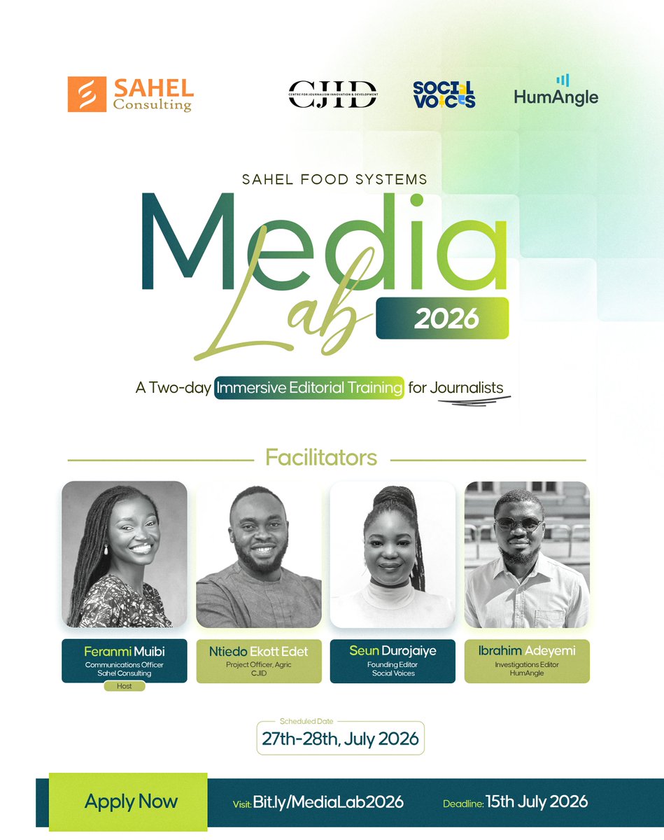 sahelconsulting's tweet photo. Is a food systems story ever just about food?

Learn to report the connections that shape food systems at the Sahel Food Systems Media Lab 2026.

📝 Apply by 15 July, 2026

🔗 https://t.co/AMXX6IGr7G

#MediaLab2026 #SCC2026 https://t.co/evVph3UJPV