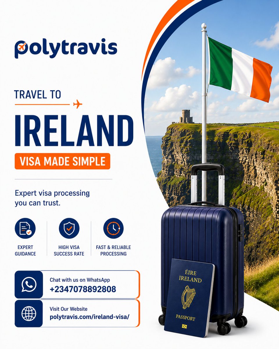 Polytravis's tweet photo. 🇮🇪 Ireland Visa Made Simple.

Take the next step with confidence. Polytravis provides expert Ireland visa processing assistance for a smooth and stress-free application.

🌐 https://t.co/hpUuTEii58
📲 WhatsApp: +2347078892808.

#IrelandVisa #VisaProcessing #TravelToIreland https://t.co/YZ886BAb5Q