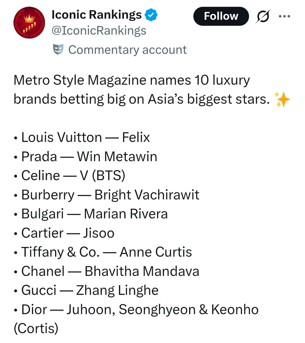 v_hotrends's tweet photo. Metro Style Magazine names 10 luxury brands betting big on Asia biggest stars

Celine — #V 

BTS V's effortlessly reclaimed his throne as ultimate Celine Boy. #V's showstopping PFW appearance completely broke internet, demonstrating a global market power that's entirely unmatched https://t.co/m3GK0TKMP9