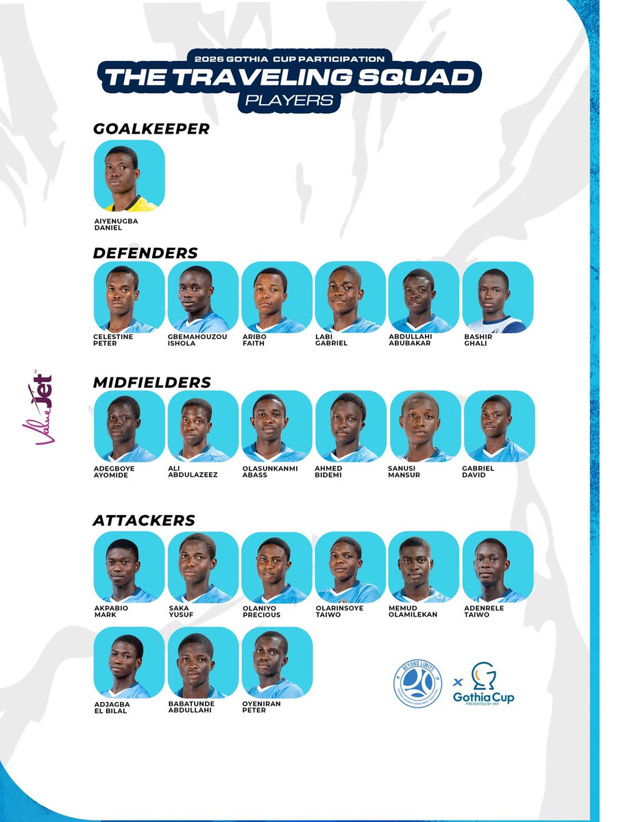 BolajiBale12's tweet photo. 🇳🇬 OFFICIAL: Beyond Limits FA have unveiled their 22-man squad for the #GothiaCup2026.
The defending champions return to Gothenburg with one mission: retain the Gothia Puma Trophy. 🏆
A new challenge awaits against top youth academies from around the world. https://t.co/96VBo4iD0v