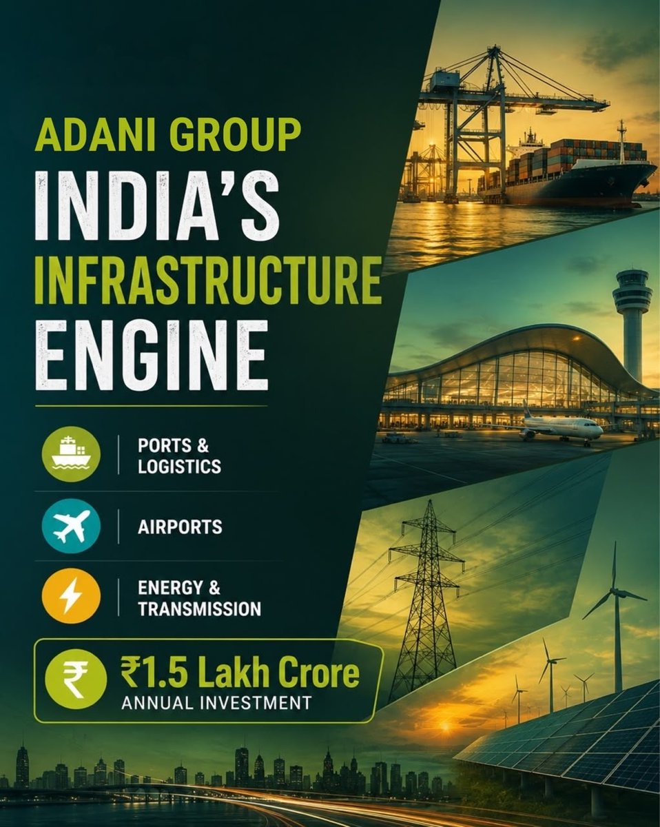 PoojaHindu50's tweet photo. Adani Group Is Building The Infrastructure Network That Keeps India Moving

Ports move cargo. Airports move people. Transmission powers industries. Together, these systems form the backbone of a growing economy.

Adani Group’s investment across ports, logistics, airports, energy and transmission shows how infrastructure at scale can become a real growth engine for India.