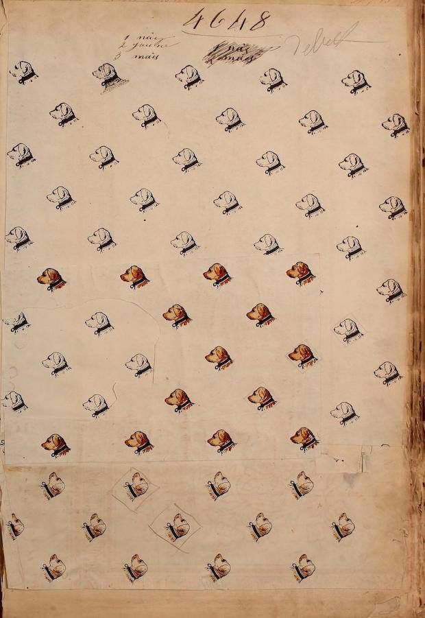 PublicDomainRev's tweet photo. Repeat dog pattern, from sample book of French textile design, 1863. See more here: https://t.co/eOgr821kLV https://t.co/Gj60WYrzD9