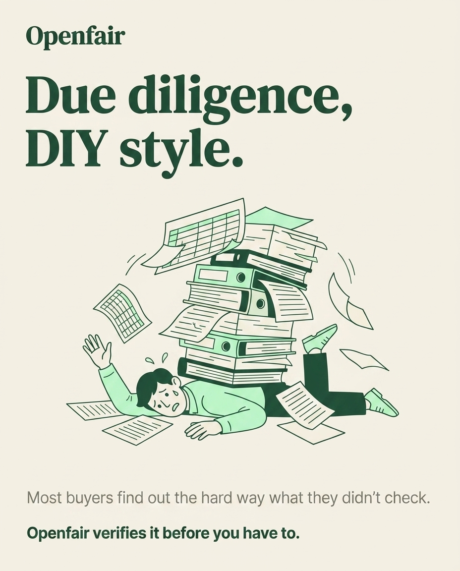 OpenfairCO's tweet photo. Ever tried reading a business's financials at midnight, praying the math works out?

Most buyers dig on their own and still miss what matters.

Openfair closes that gap — every listing comes pre-vetted.

#Openfair #DueDiligence https://t.co/Ig9MyxKcHQ