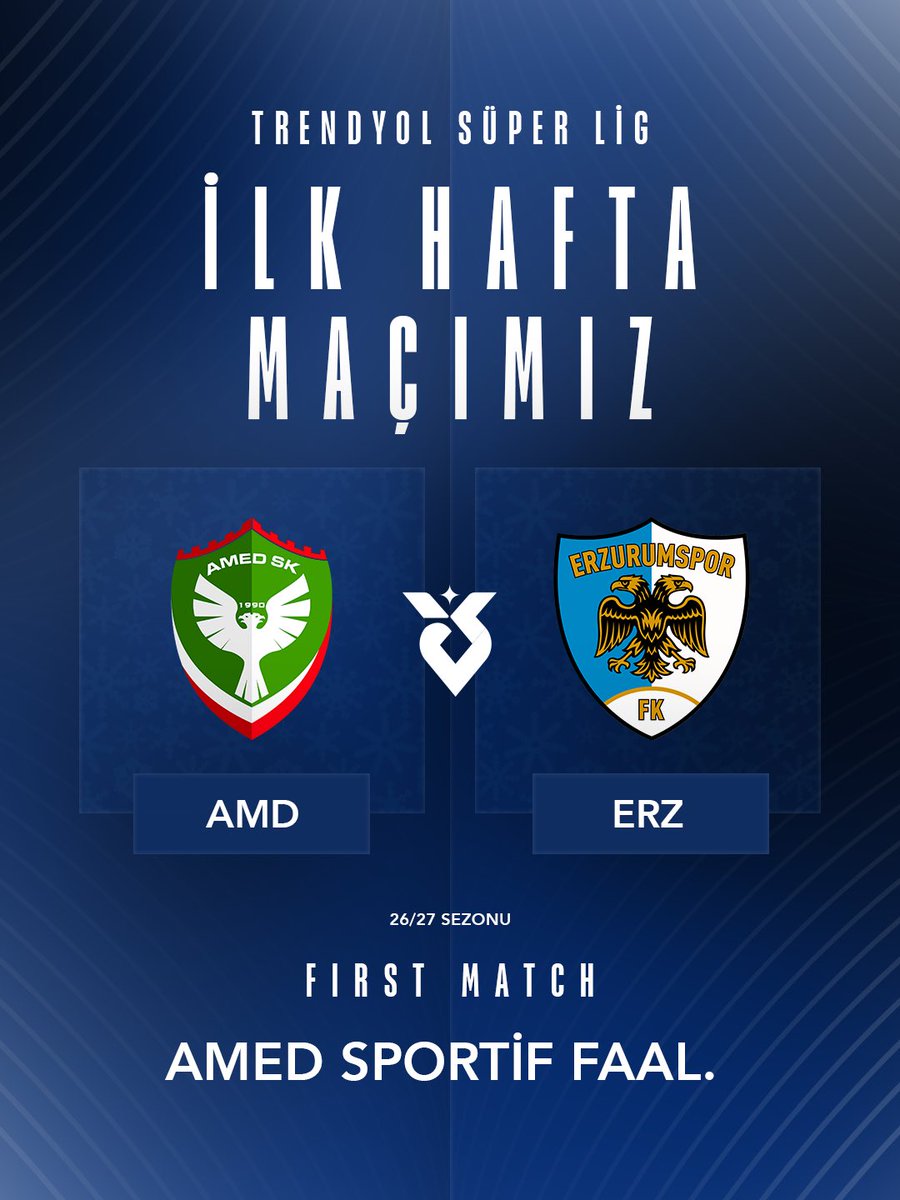 Erzurumspor's tweet photo. Süper Lig yolculuğumuz başlıyor! 💙🤍

Trendyol Süper Lig 2026-2027 sezonunun ilk haftasında, deplasmanda Diyarbakır’da Amedspor’a konuk oluyoruz. https://t.co/cxohsnppZg