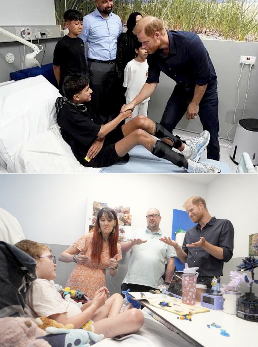 ChrisBaronSmit1's tweet photo. Prince Harry, Duke of Sussex, meets patient Bilal Mirza who was put on life-support after losing capacity in his right lung following pneumonia.

And Alec Hill, 12, who has a rare chromosomal condition and a rare immune system. 💜

#PrinceHarryinUK https://t.co/Z7Bsi08uj8