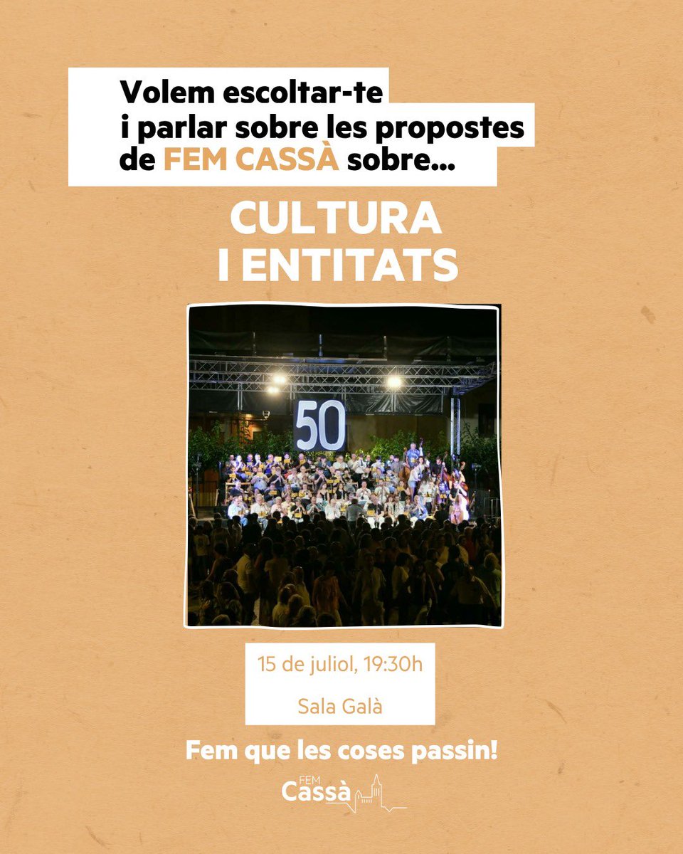 paupresas's tweet photo. 🚀TORNEM-HI! Decidim el Cassà que volem!

➡️El proper dimecres 15 de juliol a les 19:30 a l'auditori de la Sala Galà celebrarem la primera assemblea oberta per parlar de les propostes de Cultura i Entitats. https://t.co/unFLDevDRA