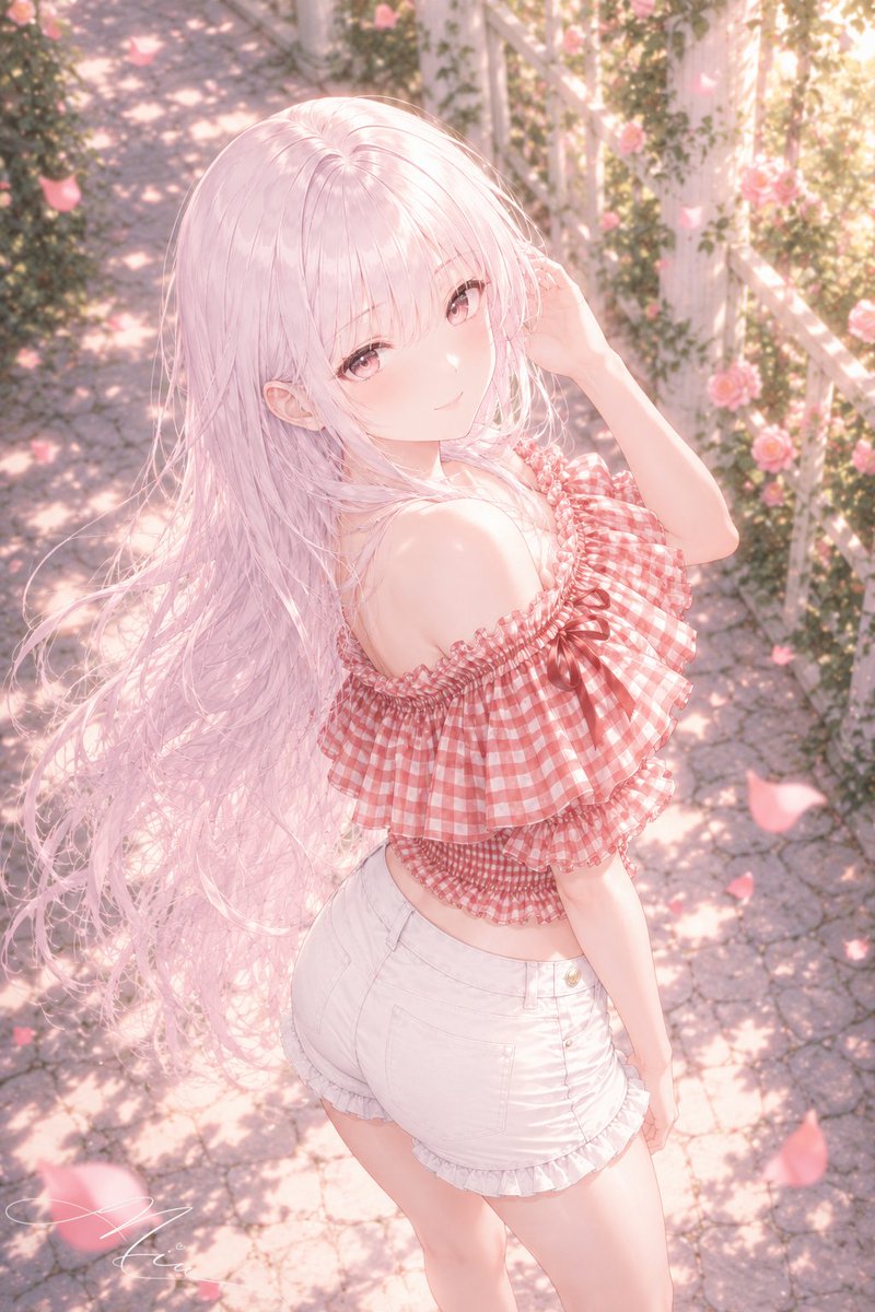 Miu_AI0527's tweet photo. #AvaloriaOlasia　 
めぐるさんのプロンプトお借りしました🤍
オフショルに短パンが夏っぽくて素敵🎐 https://t.co/Y1IHUkpD6j