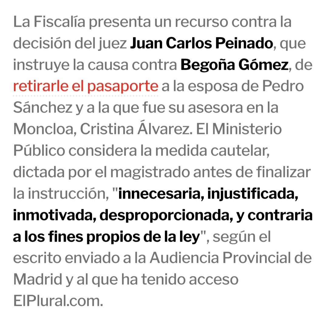 ferna1_diez's tweet photo. La Fiscalía recurre la "injusta" retirada del pasaporte a Begoña Gómez y acusa al juez Peinado de confabular.

"innecesaria, injustificada, inmotivada, desproporcionada, y contraria a los fines propios de la ley"

 Peinado ha ideado una "confabulación" https://t.co/4FlqtJXGEP