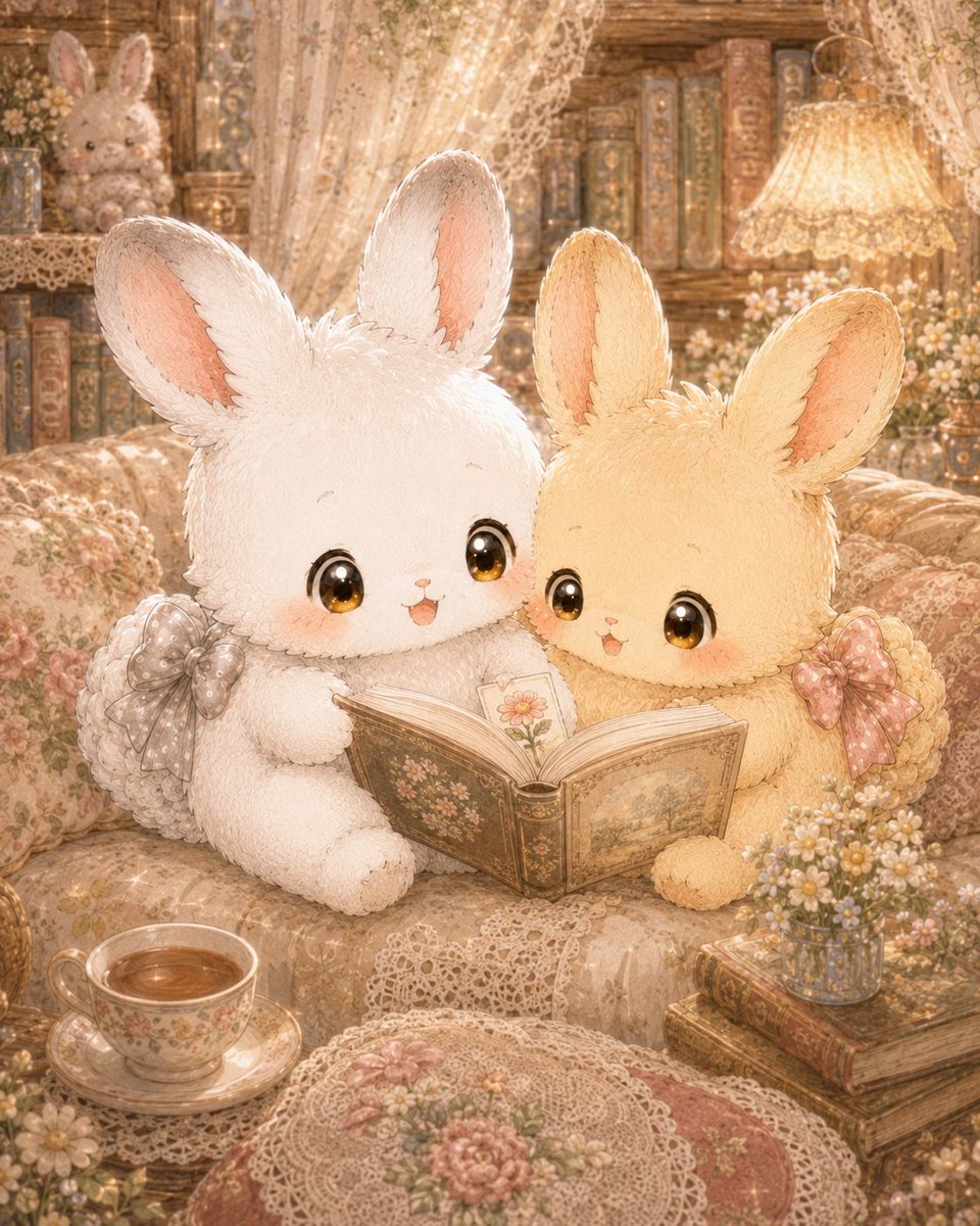 Shlromimikinako's tweet photo. しろみみときなこのイラストです🐰🤍
「よるの えほんじかん」
夜のお部屋で、ふたりで絵本を読む時間。
この前のお花は、そっとしおりになりました🌼📖
なんでもない夜に、
大切なものがまたひとつ増えていきます。
#しろみみときなこ
#うさぎイラスト https://t.co/t5oxkChX7C
