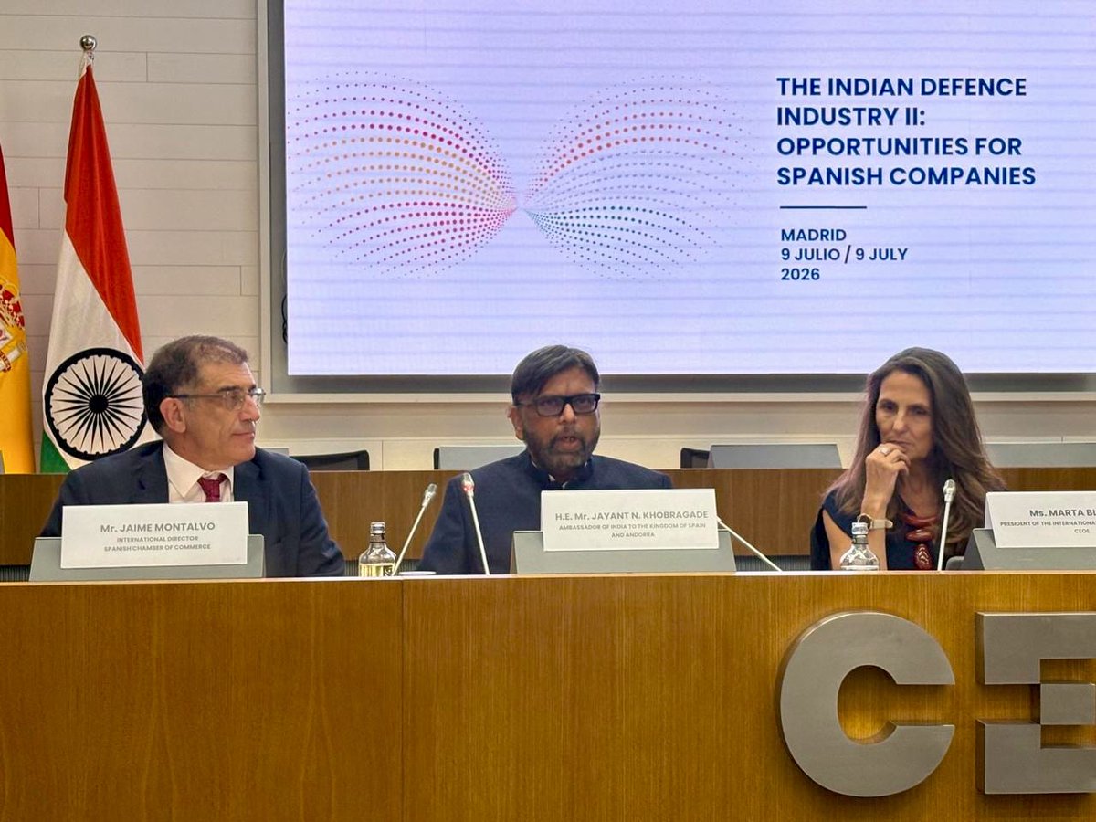SIDMIndia's tweet photo. The Society of Indian Defence Manufacturers (SIDM) is leading an Indian Defence Industry Delegation to Madrid, Spain, from 09–10 July 2026 to participate in the India–Spain Workshop on "Make in India in Defence", organised by the Embassy of India in Spain in collaboration with CEOE. The visit provides an important platform to engage with key Spanish stakeholders, strengthen industrial partnerships, and explore new avenues for India–Spain defence cooperation.

Addressing the distinguished gathering at the workshop, Dr. Shivaraman Ramaswamy, Chairman – SIDM Start-up Committee, highlighted five key areas for deepening bilateral defence industrial collaboration: co-development and co-production; innovation and start-up/MSME partnerships; supply chain integration; collaboration in emerging technologies; and joint development for global markets.

SIDM was also represented by Brig. Ashis Bhattacharyya (Retd), Principal Adviser, SIDM, who shared the Indian defence industry's perspective during the session titled "Defence Capabilities of India and Spain from an Industrial Perspective." He emphasised the importance of advancing India–Spain defence cooperation through a phased approach that addresses immediate, medium-, and long-term priorities, with a focus on co-development, co-innovation, technology collaboration, and industrial partnerships, while leveraging the advantages offered by the already well-established India–Spain Innovation Partnership (ISIP).