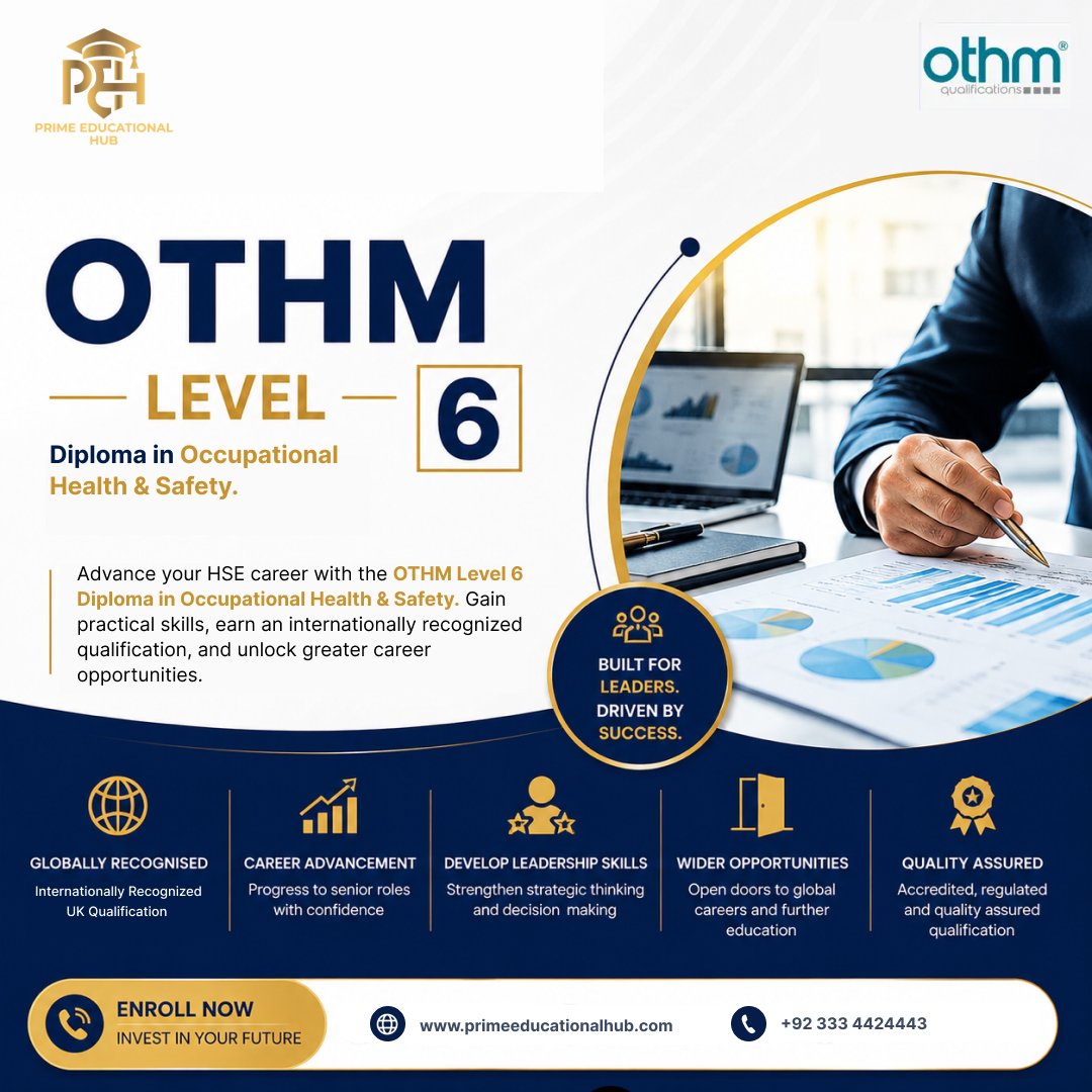 PrimePEH90's tweet photo. Build a stronger future in health and safety with the OTHM Level 6 Diploma in Occupational Health &amp; Safety. Gain practical knowledge, enhance your professional skills, and progress confidently in your HSE career.

#OTHMLevel6 #OccupationalHealthAndSafety #HSEProfessionals https://t.co/hJg7lWVotl