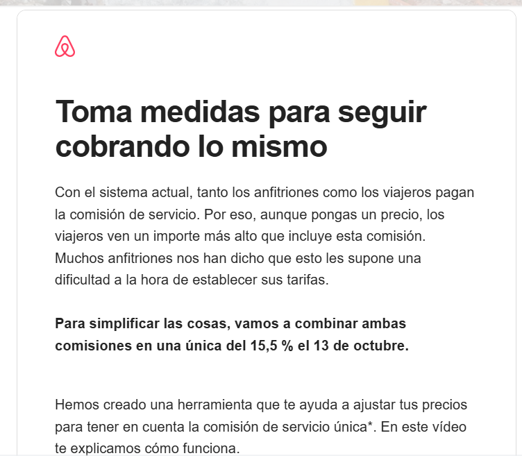Luscinias's tweet photo. Mensaje recibido hoy de Airbnb que significa que los propietarios suben más los precios, para que ellos, sin responsabilizarse de las propiedades, ganen más dinero (15,5%!!!) ¿No hay otras plataformas? ¿Por qué no creamos en España otra alternativa que haga la vida más accesible? https://t.co/dSzmvRdsWy