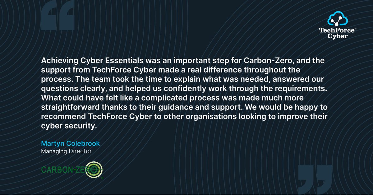 TechForceCyber's tweet photo. Cyber Essentials Success | Carbon-Zero

Proud to support Carbon-Zero with Cyber Essentials, helping make certification clear and manageable.

Thanks to Martyn Colebrook for the kind feedback.

Get started: https://t.co/AUWPwJTEc6

#CyberEssentials #CyberSecurity https://t.co/ysD84jtmuw