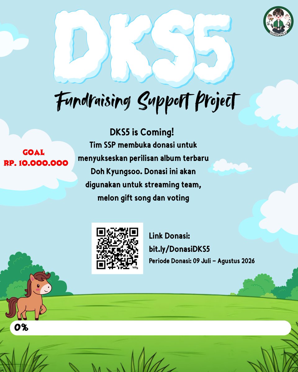 Soosupport_'s tweet photo. ✨ SOOSUPPORT PROJECT: DKS5 FUNDRAISING ✨

Kyungsoo's yeorobun rapatkan barisan!! 

DKS5 is coming!

Untuk mensupport album ke-lima Doh Kyungsoo, tim SSP membuka donasi yang nantinya akan digunakan untuk streaming YouTube, Spotify, voting dan juga melon gift song

Periode donasi: 
🗓️ 09 Juli - Agustus 2026
💰 Minimal donasi: Rp 25.000

Note: Tambahkan kode unik 12 pada saat payment (contoh: Rp. 50.012) dan tulis di notes saat transfer: nama + DKS5

Link donasi: 
🔗 https://t.co/bvLLeyJlNo

Yuk jangan sampai ketinggalan untuk mensupport album ke-lima Doh Kyungsoo 🎉🎉

Let’s go all out for Doh Kyungsoo! 

#도경수 #DOHKYUNGSOO
@DOHKYUNGSOO_X