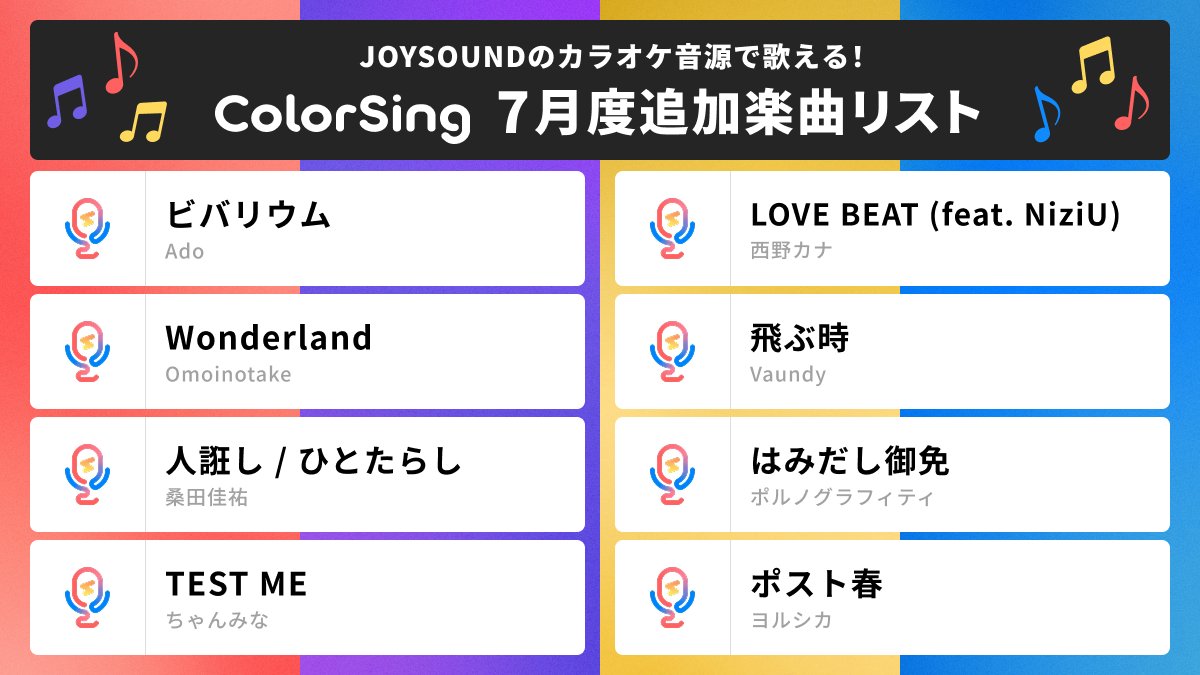 colorsing_info's tweet photo. 🌟7月のカラオケ新曲リリース！🎤✨

最新ヒットから定番曲まで、約330曲がプレイリストに新たに加わりました🎋🎐

あなたのお気に入りの楽曲を探してみてね👀
※新曲タブへの追加は明日AMを予定しております

全追加楽曲リストはこちら
https://t.co/5y2qNgBF3T https://t.co/FnqQo8pTaa